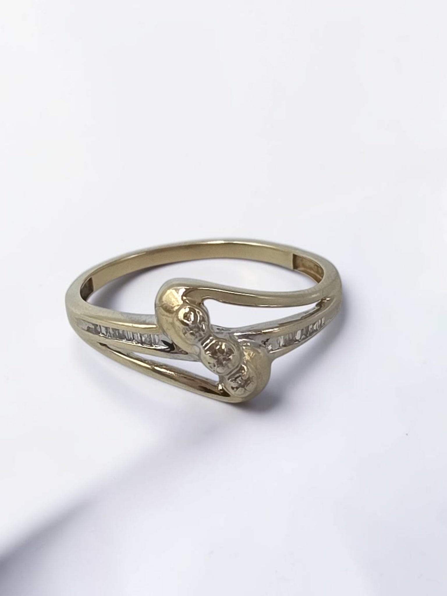 JWBR solid 10K yellow gold three stone diamond bypass ring with channel set baguettes