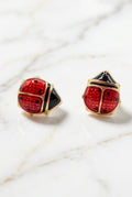 Jacmel Jewelry JCM Solid 14K Yellow Gold Ladybug Stud Earrings with Red and Black Enamel Over a Crosshatched Gold Ground
