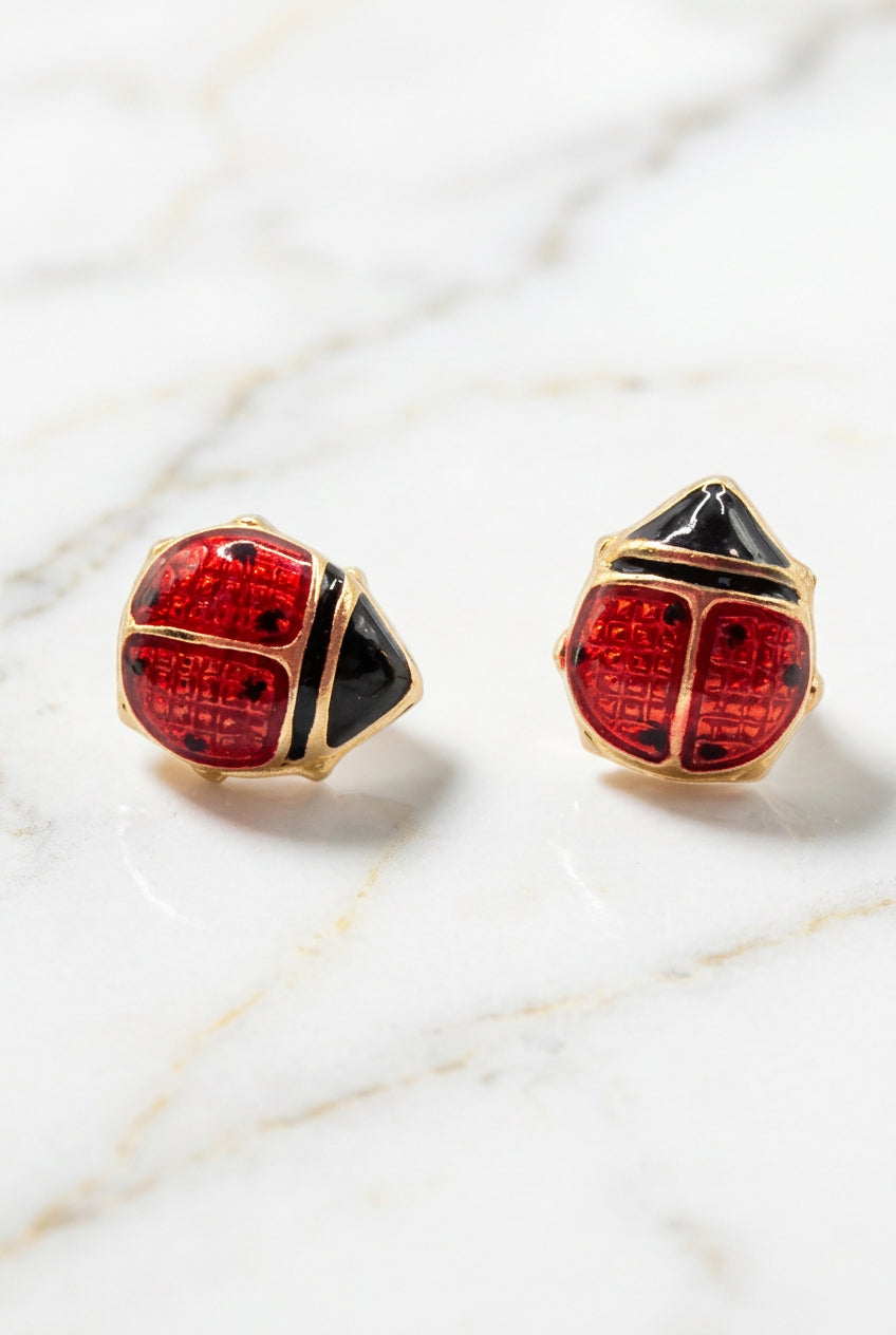 Jacmel Jewelry JCM Solid 14K Yellow Gold Ladybug Stud Earrings with Red and Black Enamel Over a Crosshatched Gold Ground