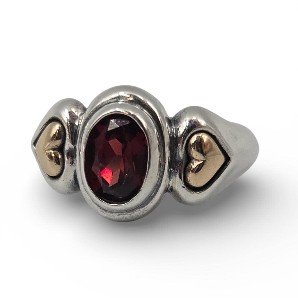 James Avery Garnet Ring, Size 5.75, Sterling Silver with Solid 14K Gold Heart Accents