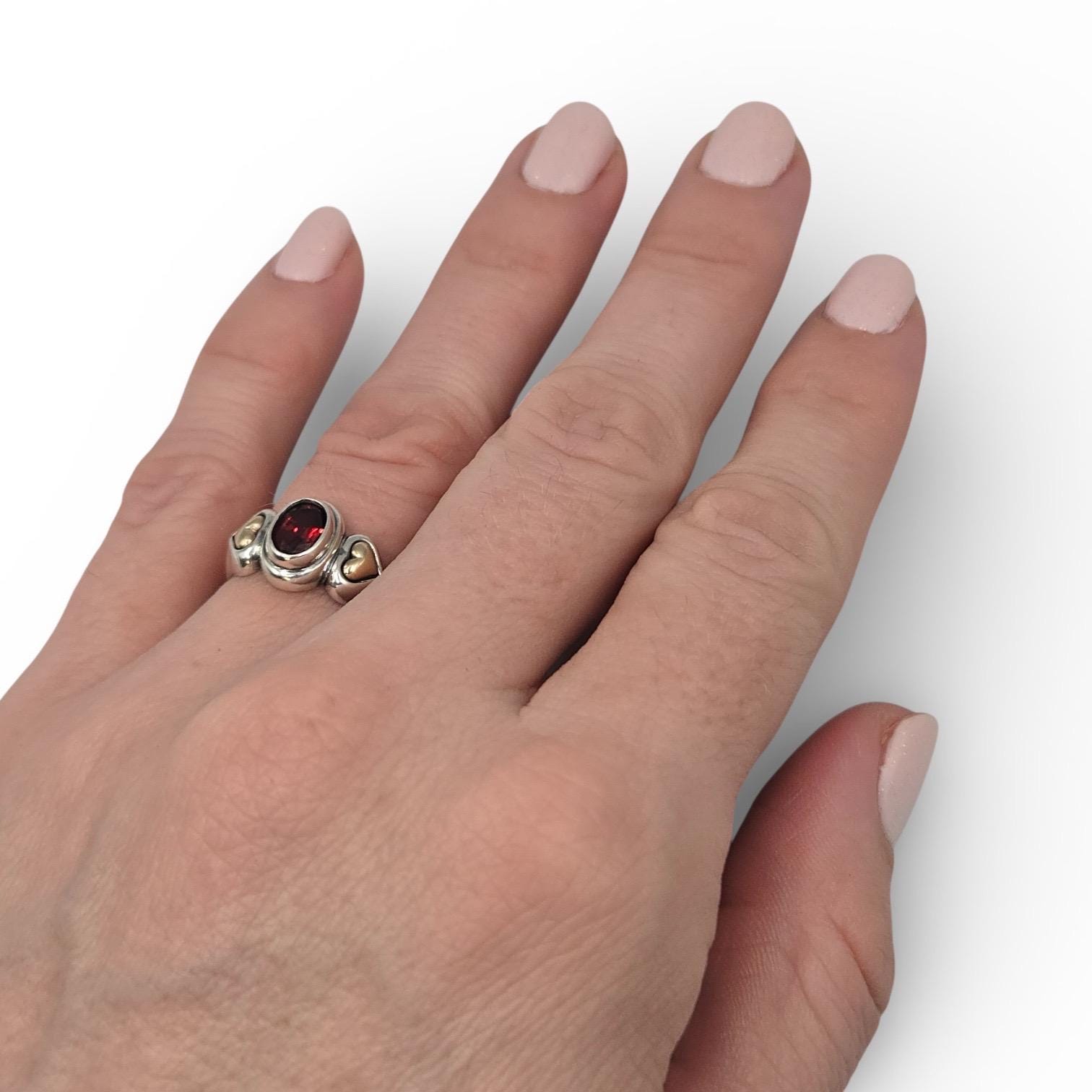 James Avery Garnet Ring, Size 5.75, Sterling Silver with Solid 14K Gold Heart Accents