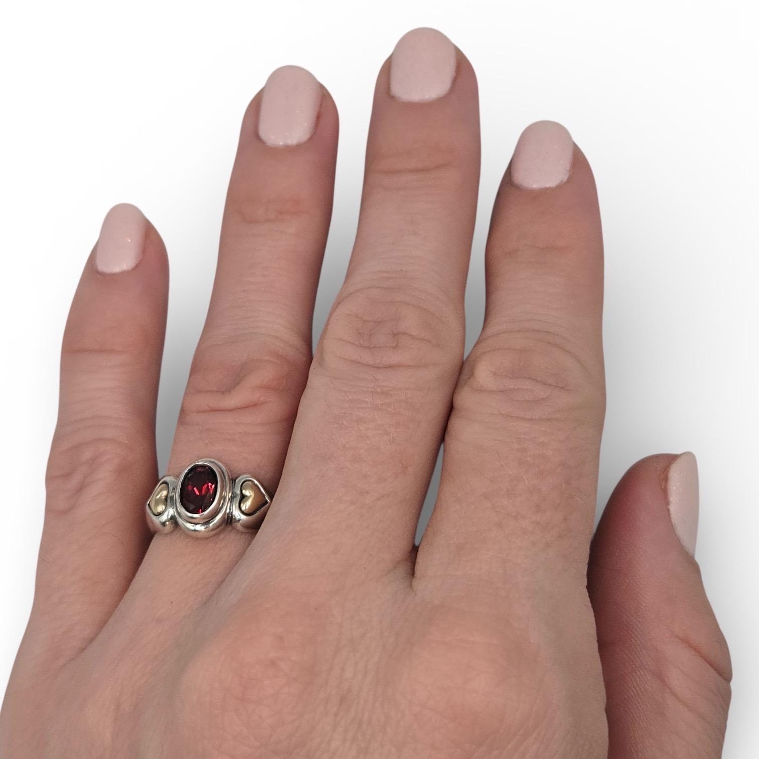 James Avery Garnet Ring, Size 5.75, Sterling Silver with Solid 14K Gold Heart Accents