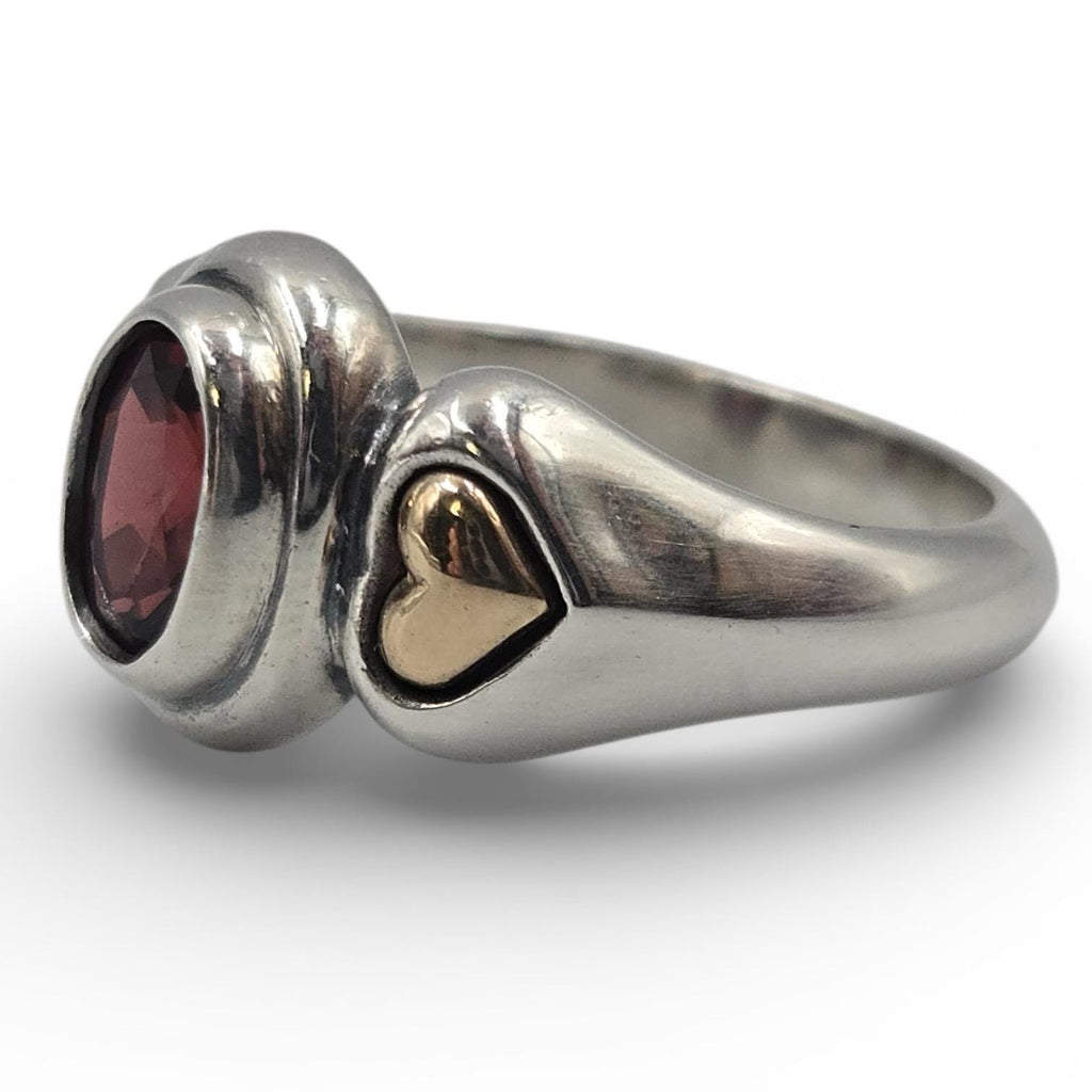 James Avery Garnet Ring, Size 5.75, Sterling Silver with Solid 14K Gold Heart Accents