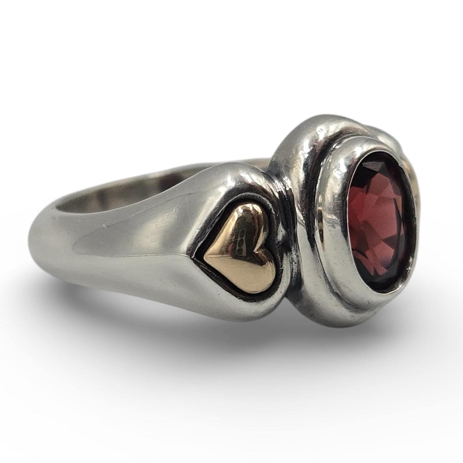 James Avery Garnet Ring, Size 5.75, Sterling Silver with Solid 14K Gold Heart Accents
