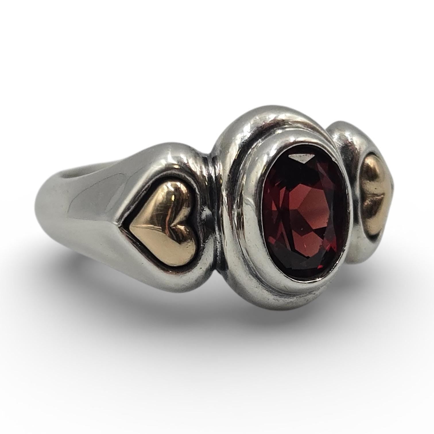 James Avery Garnet Ring, Size 5.75, Sterling Silver with Solid 14K Gold Heart Accents
