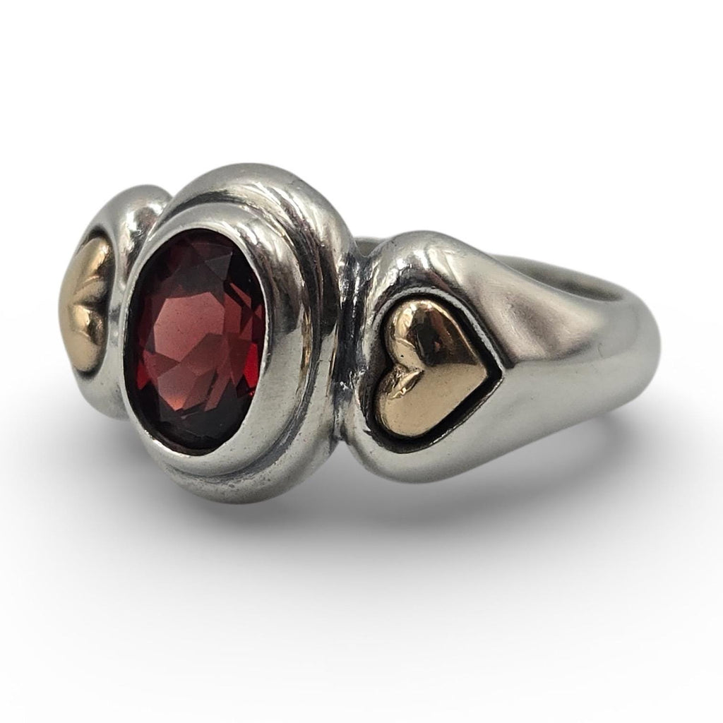 James Avery Garnet Ring, Size 5.75, Sterling Silver with Solid 14K Gold Heart Accents