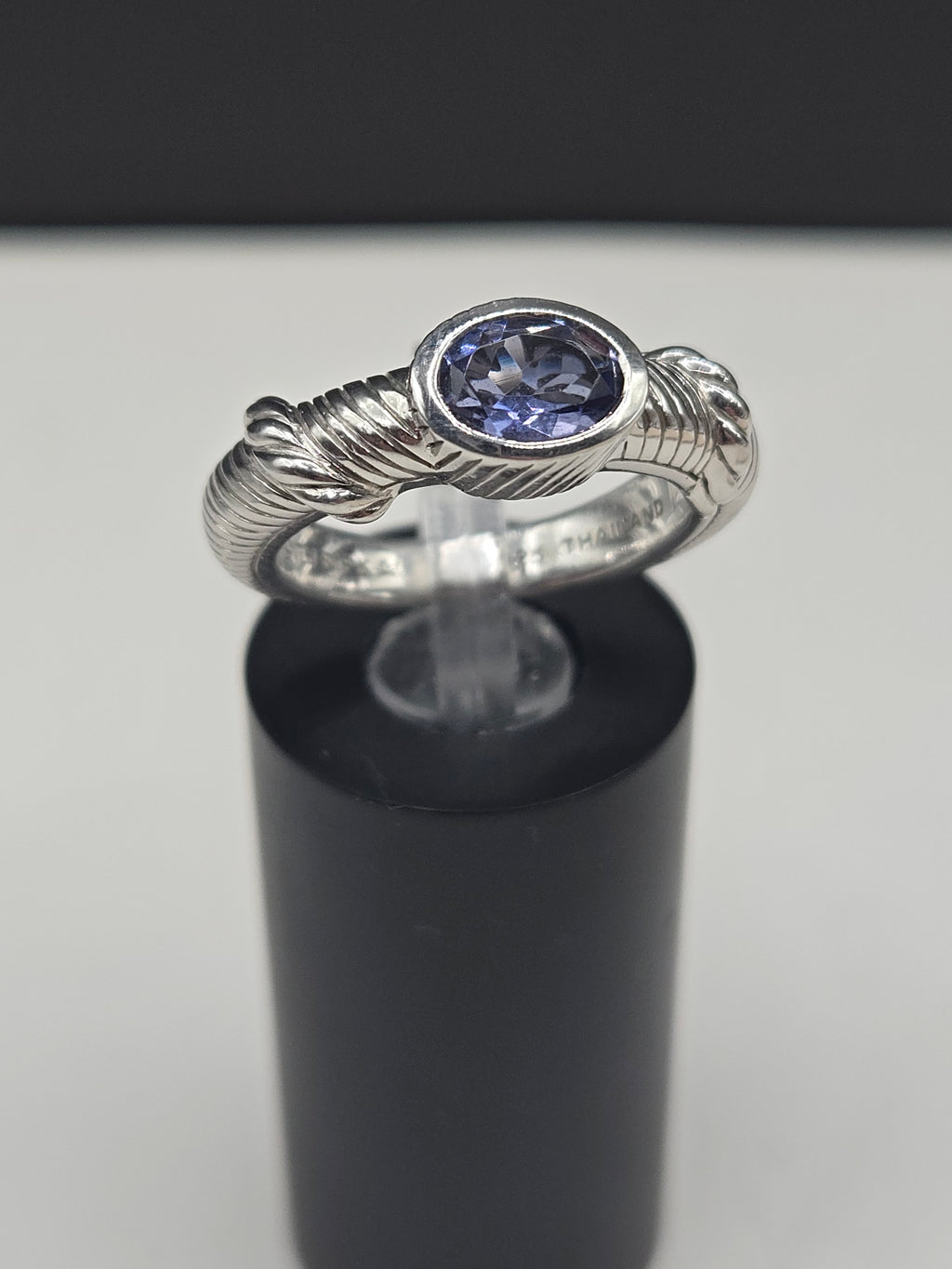 Judith Ripka Sterling Silver Ring with Oval Blue Tourmaline in Bezel Setting on Textured Berge Band Size 6