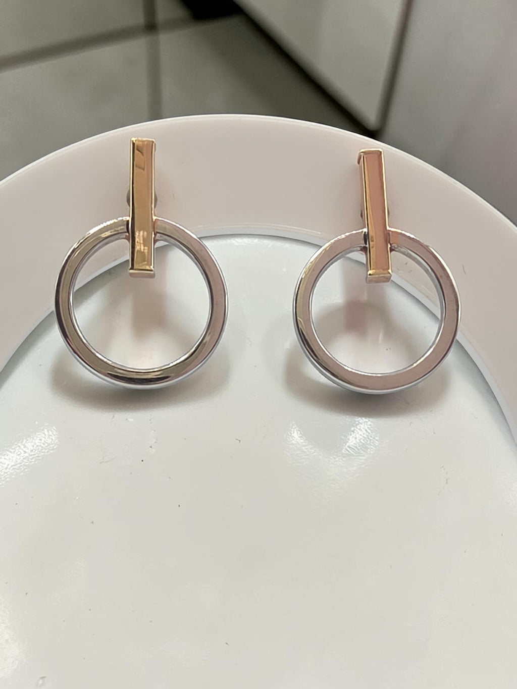 LLJ Lindsey Leigh solid 14K white and rose gold bar and circle stud earrings made in Italy
