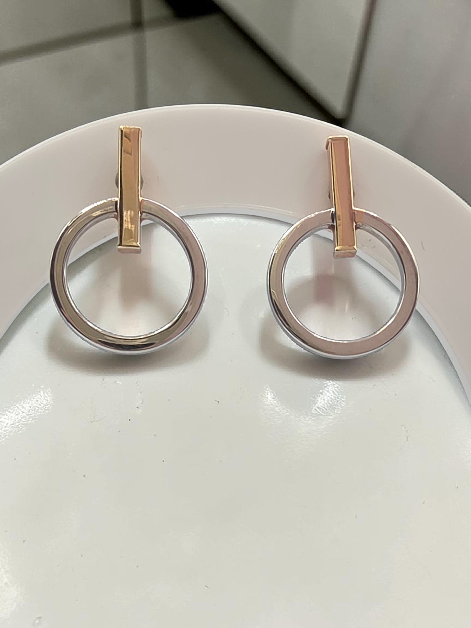 LLJ Lindsey Leigh solid 14K white and rose gold bar and circle stud earrings made in Italy