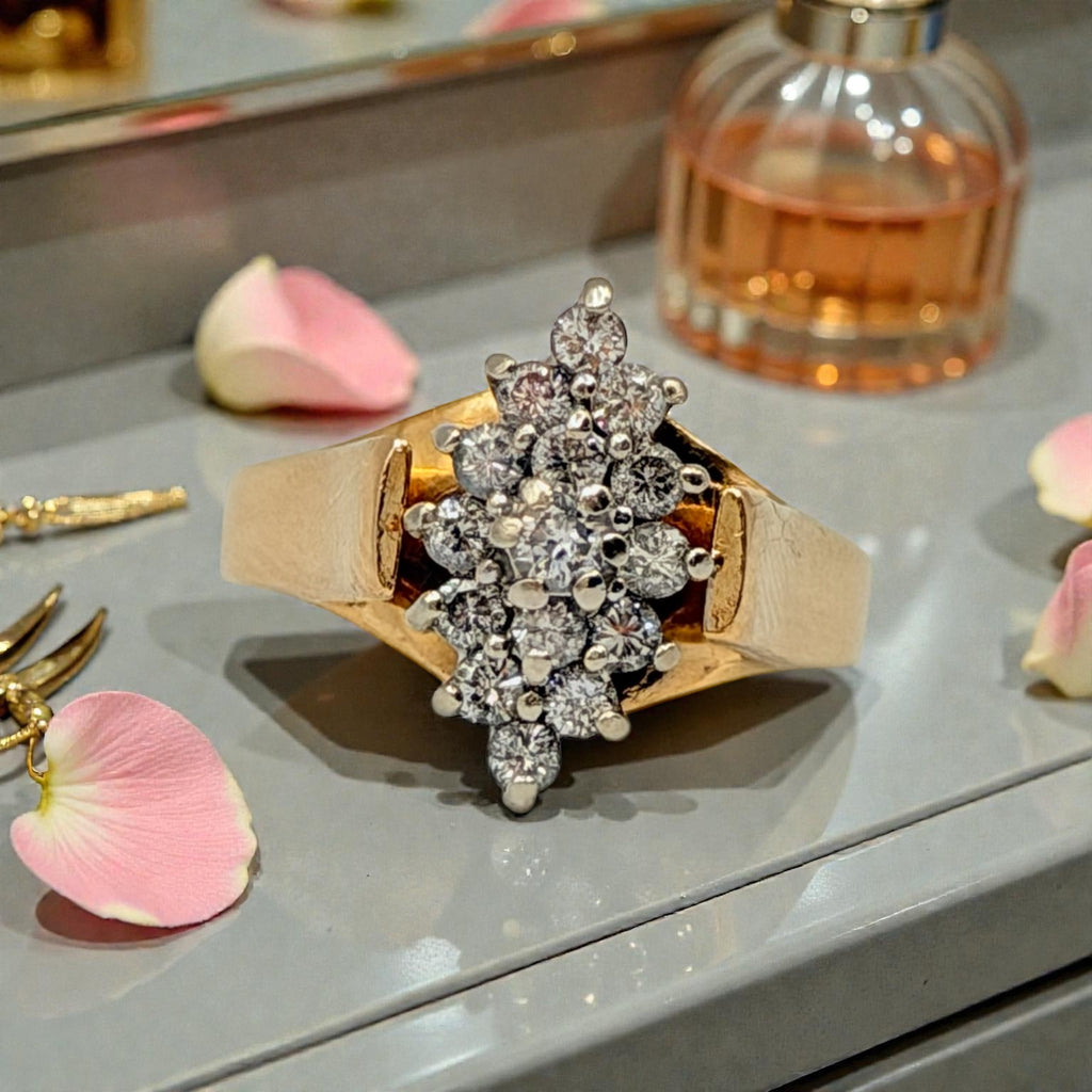 Magic Glo solid 14KP yellow gold diamond cluster ring size 5.5