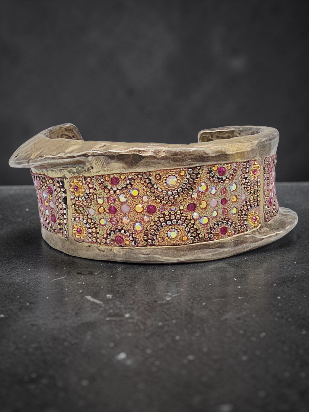 Orit Schatzman 925 Sterling Silver Gold Vermeil Cuff Bracelet w Crystal Beadwork