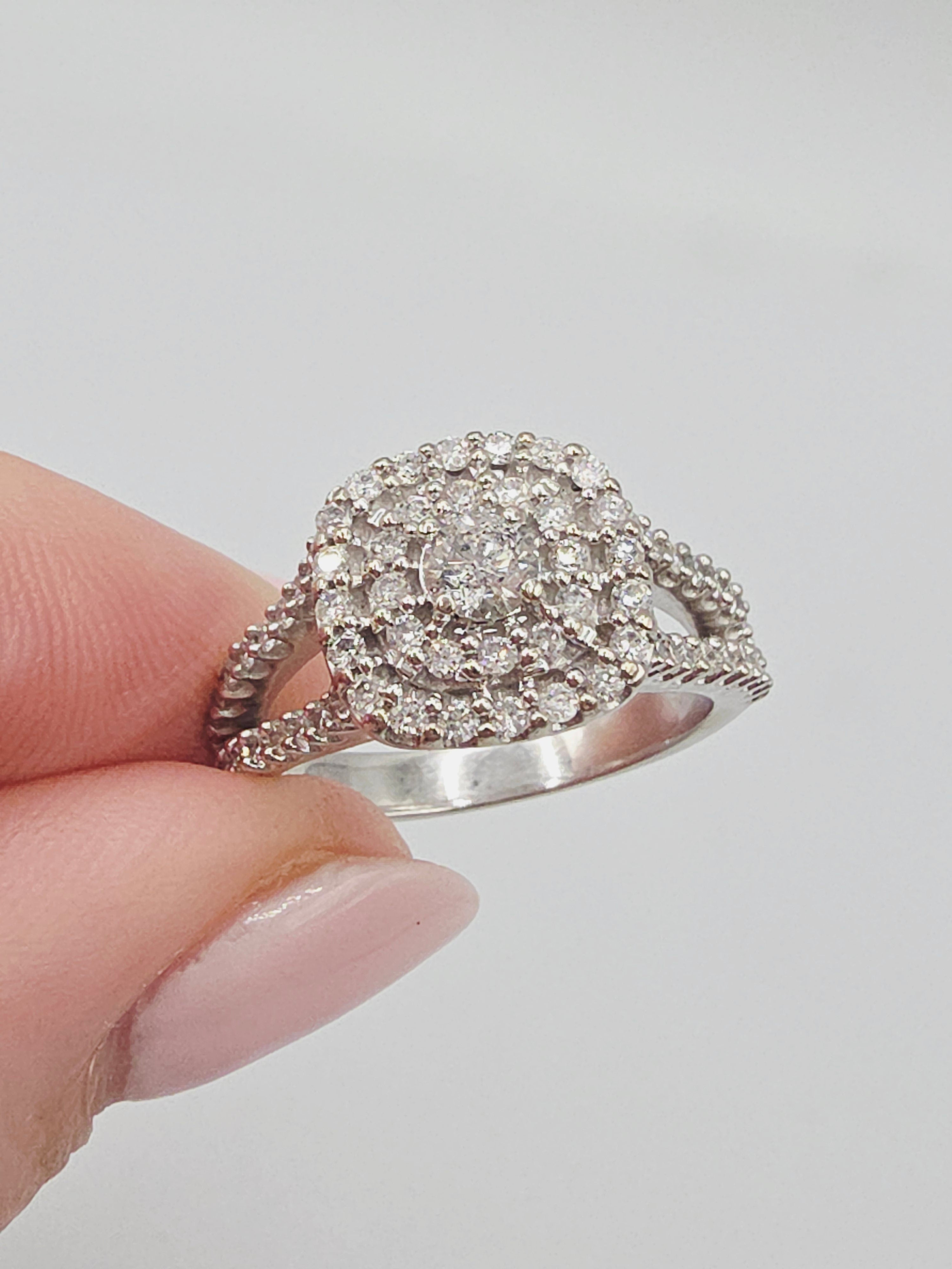 Pompeii3 solid 10K white gold diamond halo engagement ring with split shank band