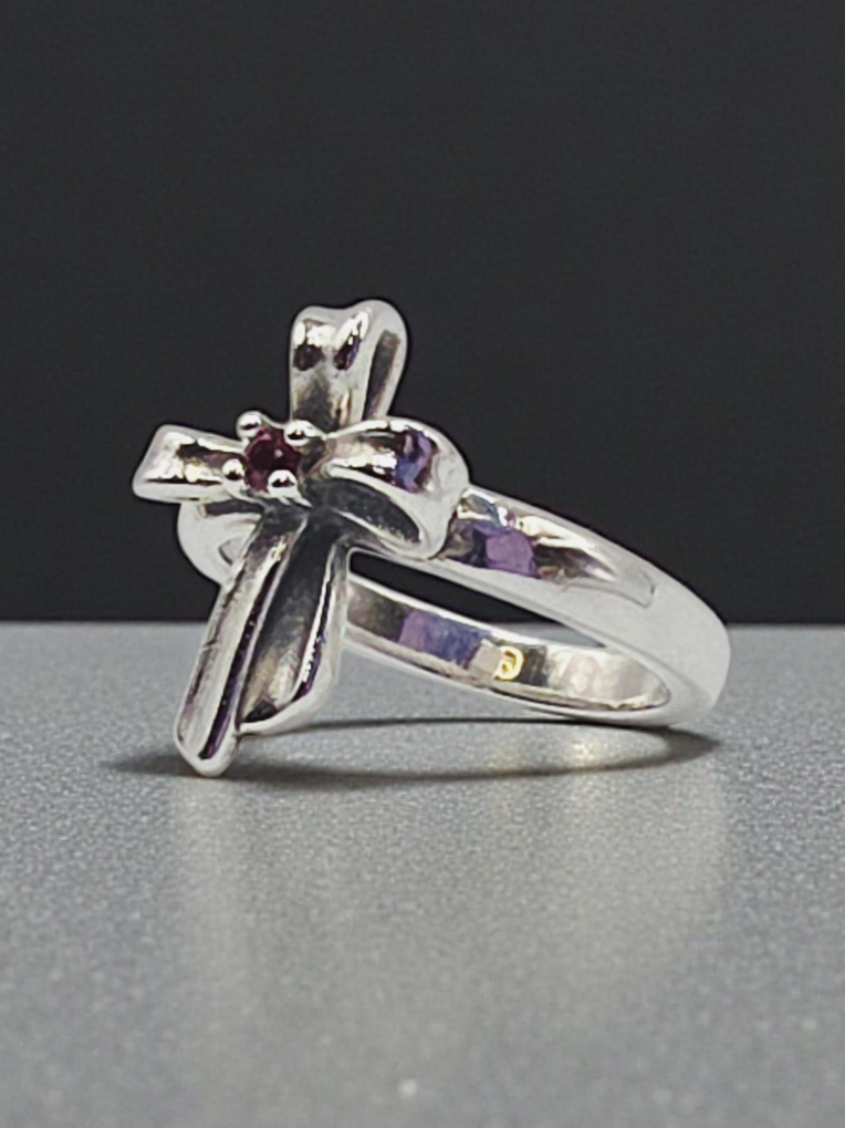 RETIRED James Avery 925 Sterling Silver Ribbon Cross Ring with Ruby - Size 5