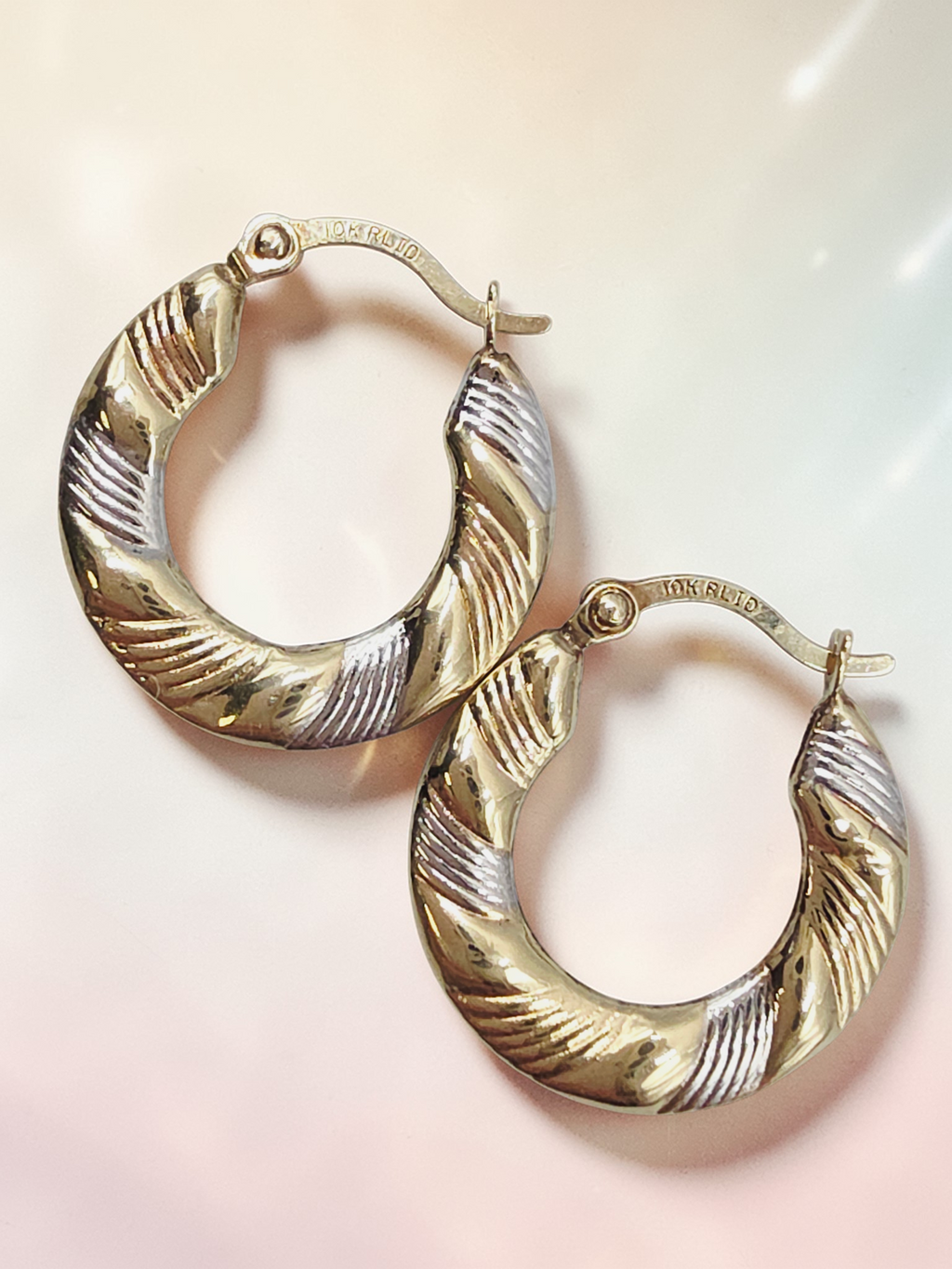 RLID Solid 10K Two-Tone Gold Ribbed Textured Hoop Earrings