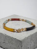 Rainbow multi color jade sterling silver 18K gold vermeil link bracelet with Chinese character stations