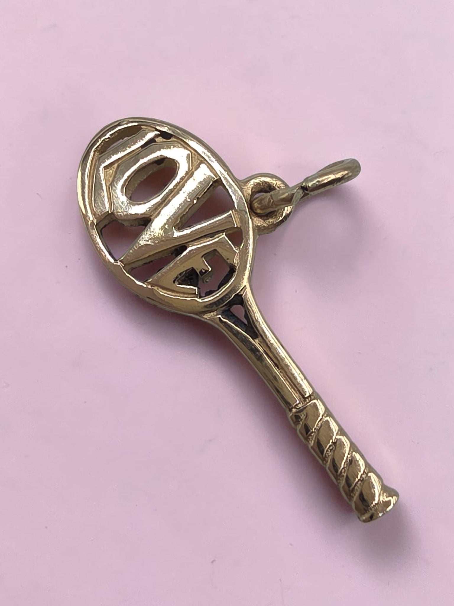 Retired James Avery 14K gold Love tennis racket charm pendant with pierced lettering