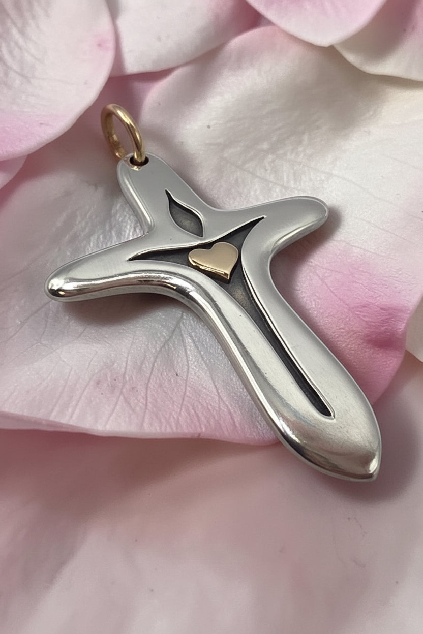 Retired James Avery Light of the World cross pendant with solid 14K gold heart and uncut bail