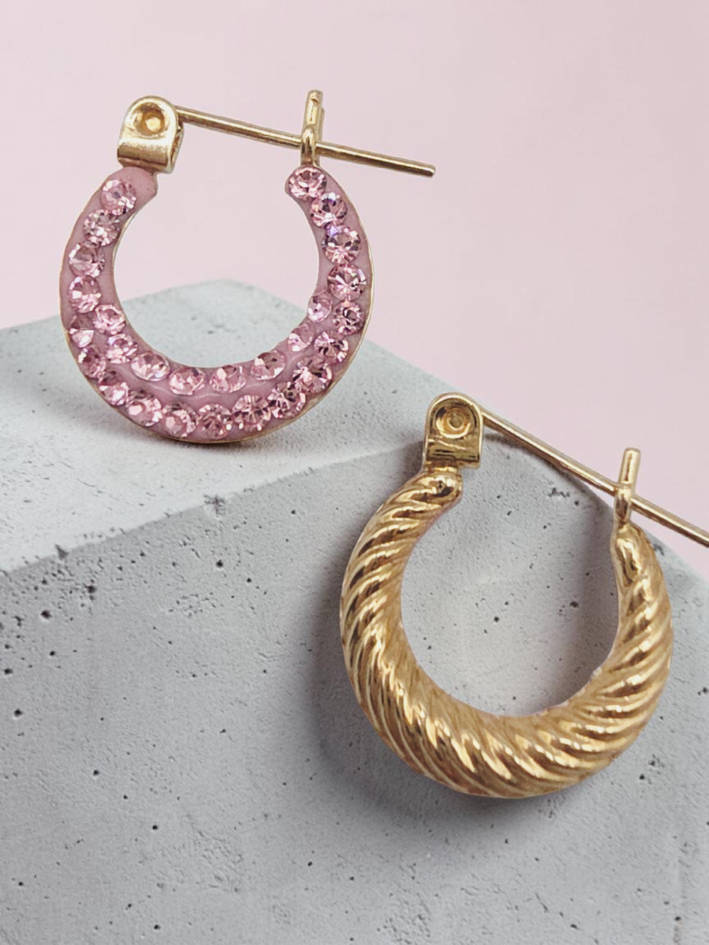 Richline Solid 14K Yellow Gold Textured Hoop Earrings with Pink CZ Accents
