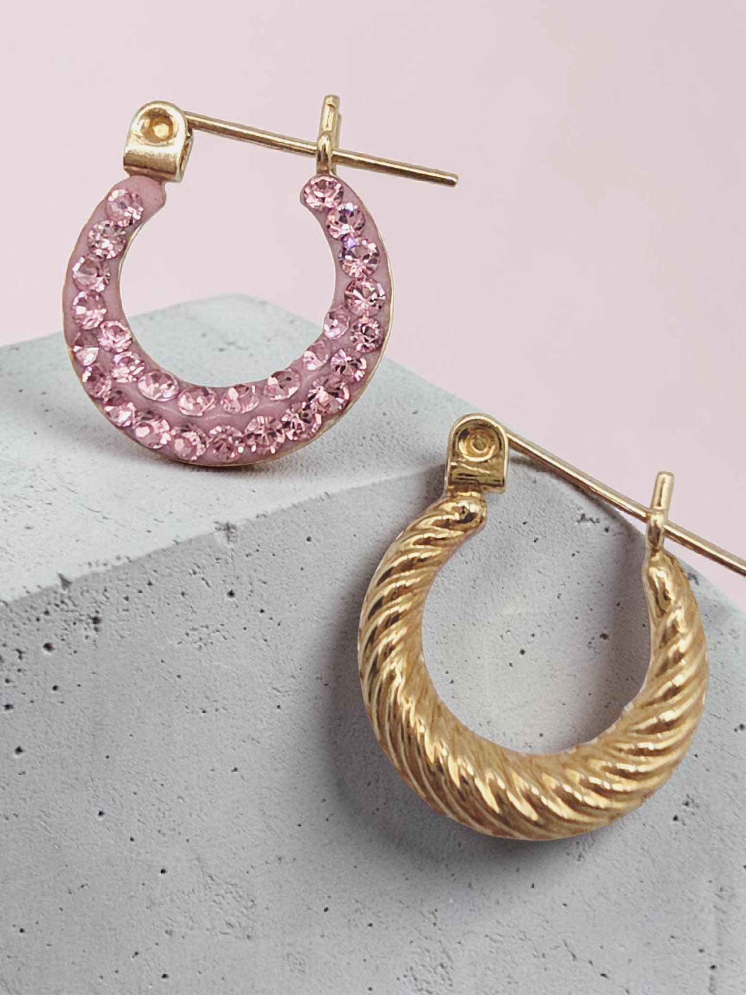 Richline Solid 14K Yellow Gold Textured Hoop Earrings with Pink CZ Accents