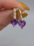SDC Creations solid 10K yellow gold heart cut amethyst drop earrings with diamond accents