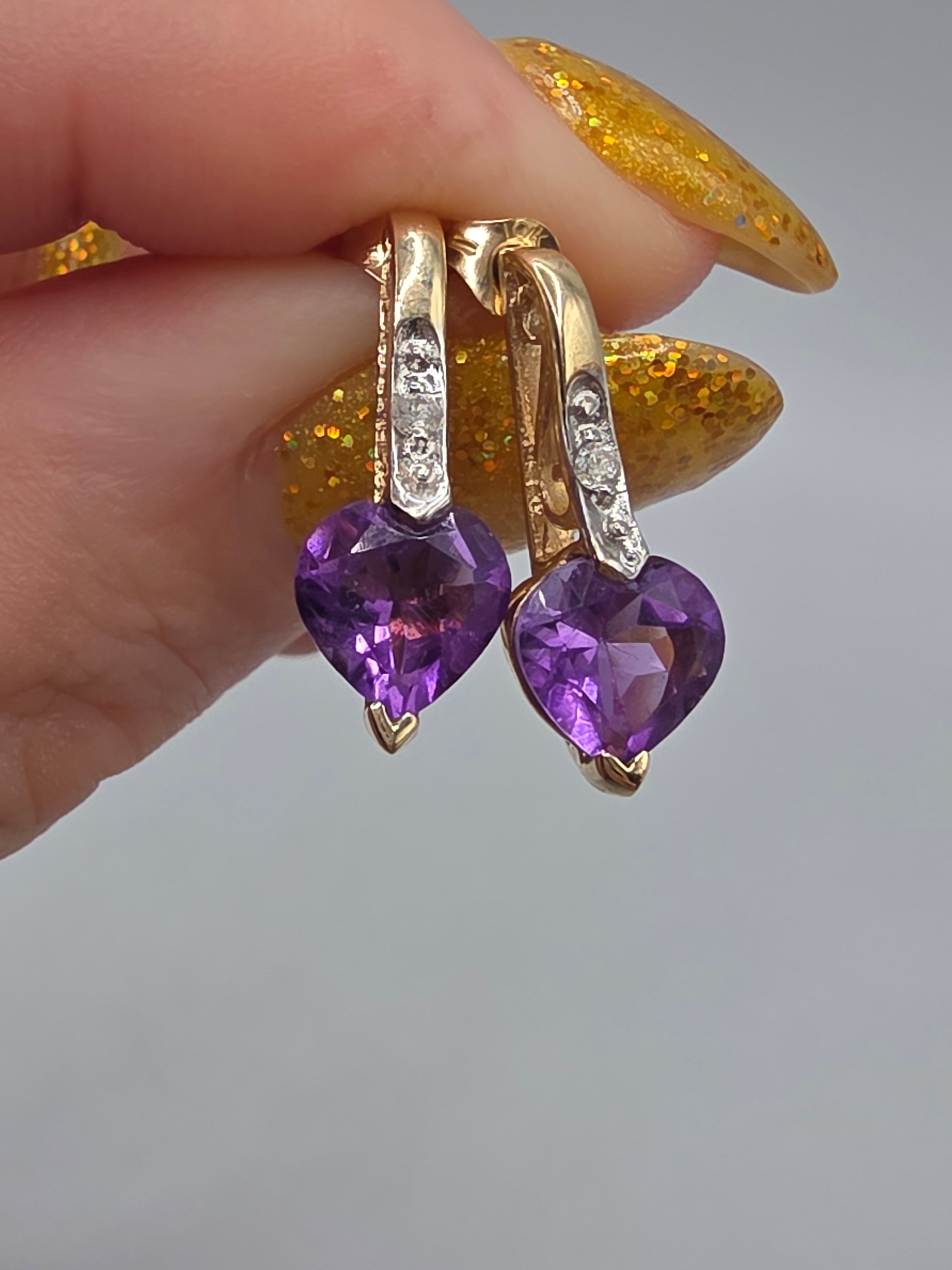 SDC Creations solid 10K yellow gold heart cut amethyst drop earrings with diamond accents