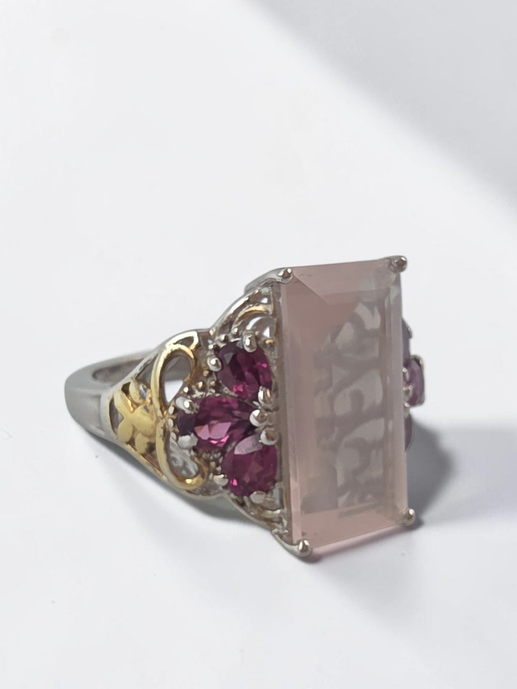 STS Jewels 925 sterling silver and 18K gold two tone ring with emerald cut pink quartz and rhodolite garnet in size 7