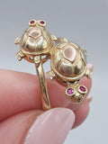 Solid 10K Tri Color Gold Turtle Ring with Articulating Heads and Ruby Eyes - Size 7