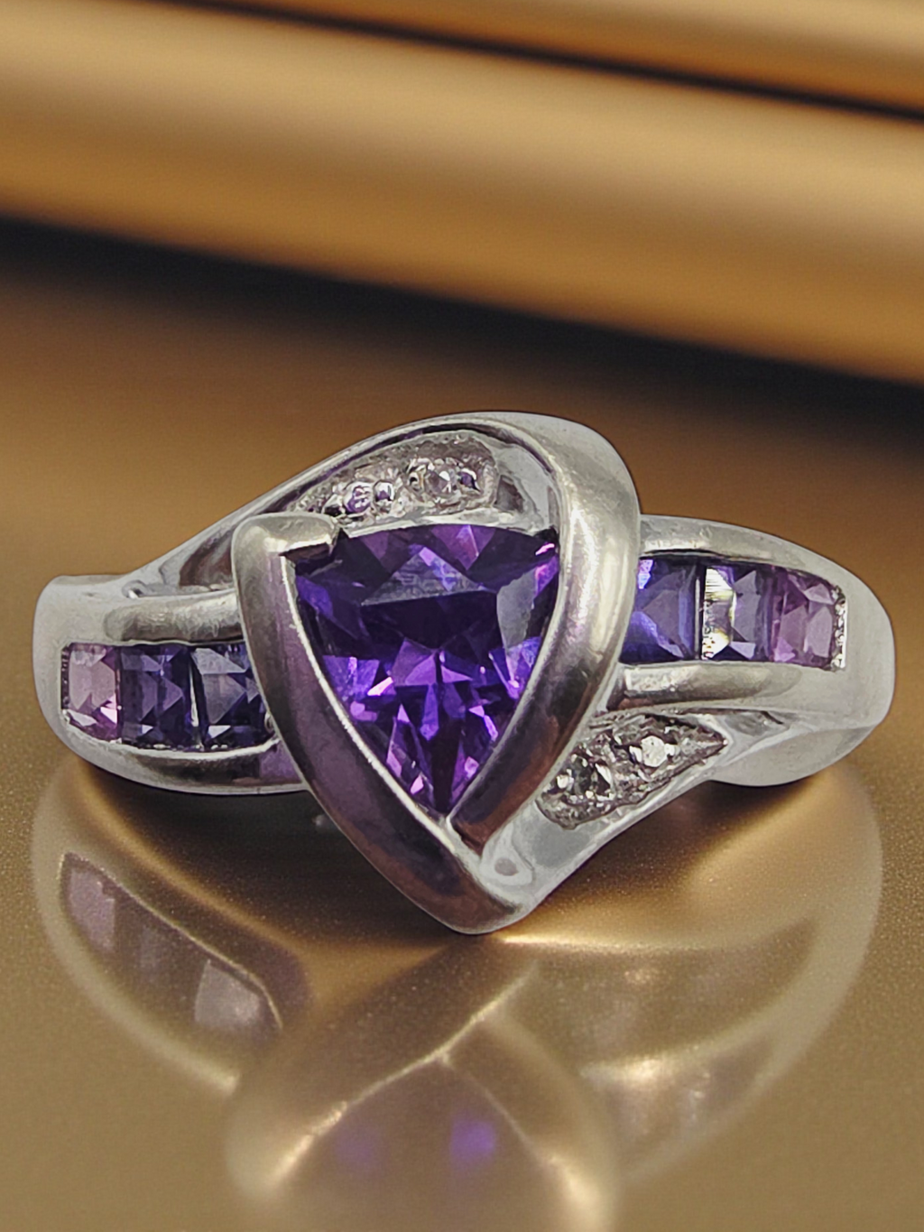 Solid 10K White Gold Ring with Purple & Pink Topaz and Diamonds – Size 7