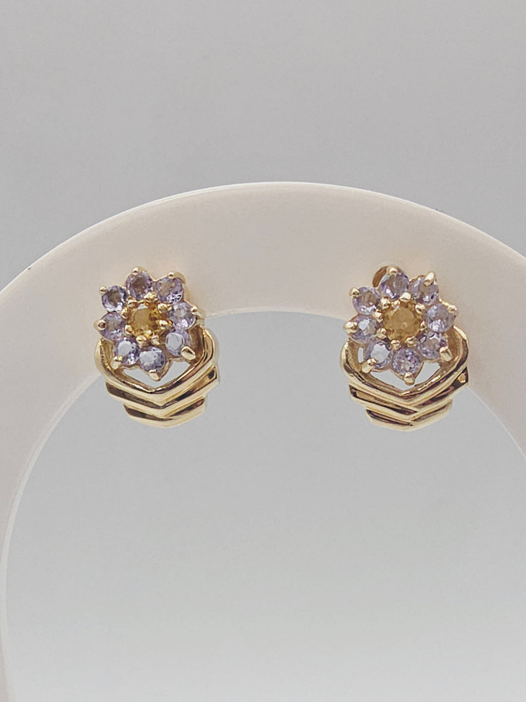 Solid 10K Yellow Gold Citrine & Tanzanite Floral Stud Earrings