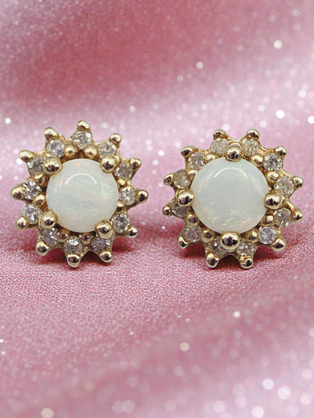 Solid 10K Yellow Gold Opal and Diamond Halo Stud Earrings