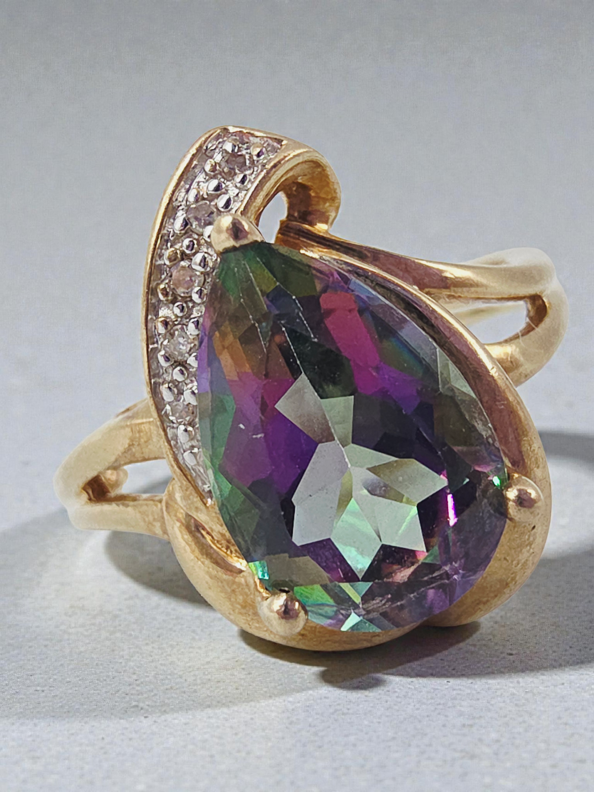 Solid 10K Yellow Gold Ring with Pear Cut Mystic Topaz and Diamond Accents Size 9.25