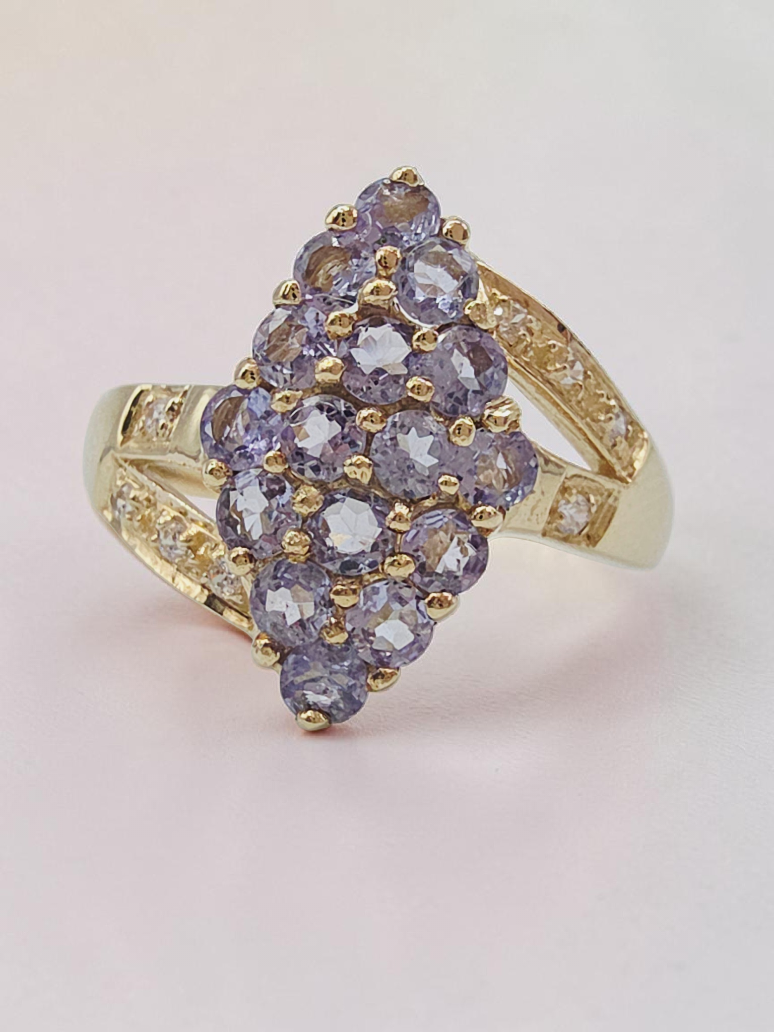Solid 10K Yellow Gold Tanzanite Cluster Ring - Size 8