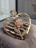 Solid 10K two tone gold open heart pendant with rose gold flower and diamond cut stripes