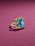 Solid 10K yellow gold emerald cut blue topaz rope halo cocktail ring size 7