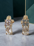Solid 10K yellow gold white topaz stud earrings with blue and purple gemstone accent clusters