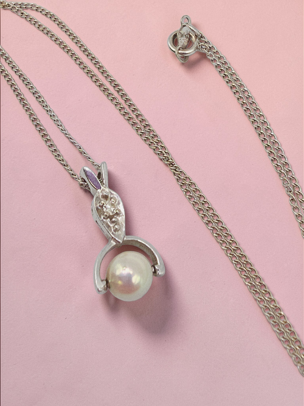 Solid 14K White Gold Necklace with Pearl & Diamond Pendant - 15 Inch
