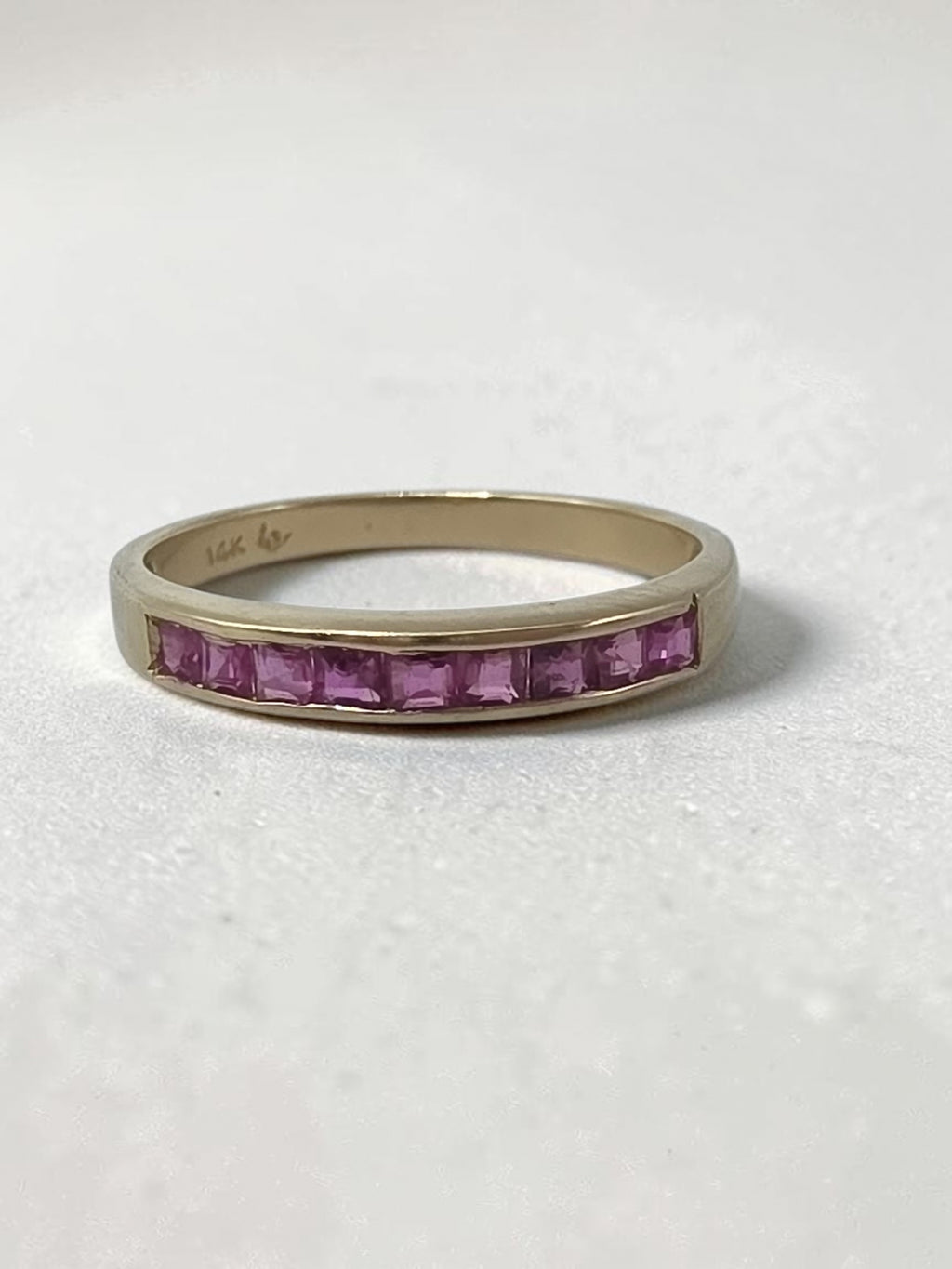 Solid 14K Yellow Gold Band Ring with Nine Square Cut Pink Sapphires Channel Set Across the Top Size 6