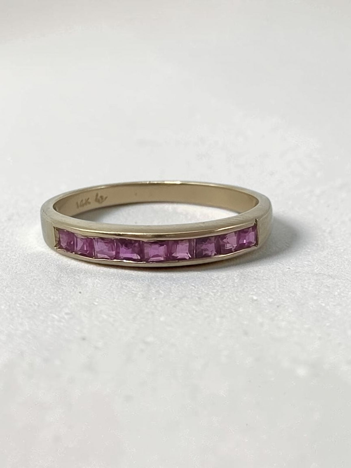 Solid 14K Yellow Gold Band Ring with Nine Square Cut Pink Sapphires Channel Set Across the Top Size 6