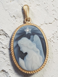 Solid 14K Yellow Gold Blue Agate Angel Cameo Necklace Pendant with Diamond Accent