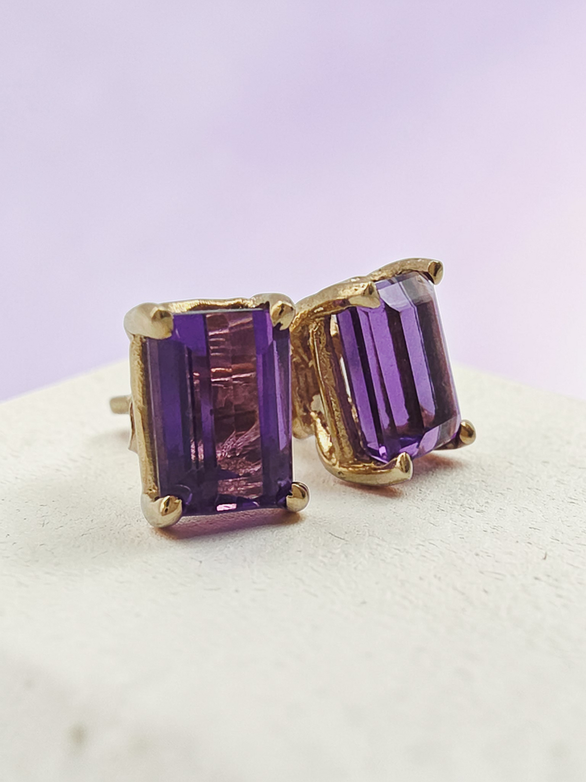 Solid 14K Yellow Gold Emerald Cut Amethyst Stud Earrings