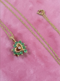 Solid 14K Yellow Gold Emerald & Diamond Heart Pendant Necklace 17.5"