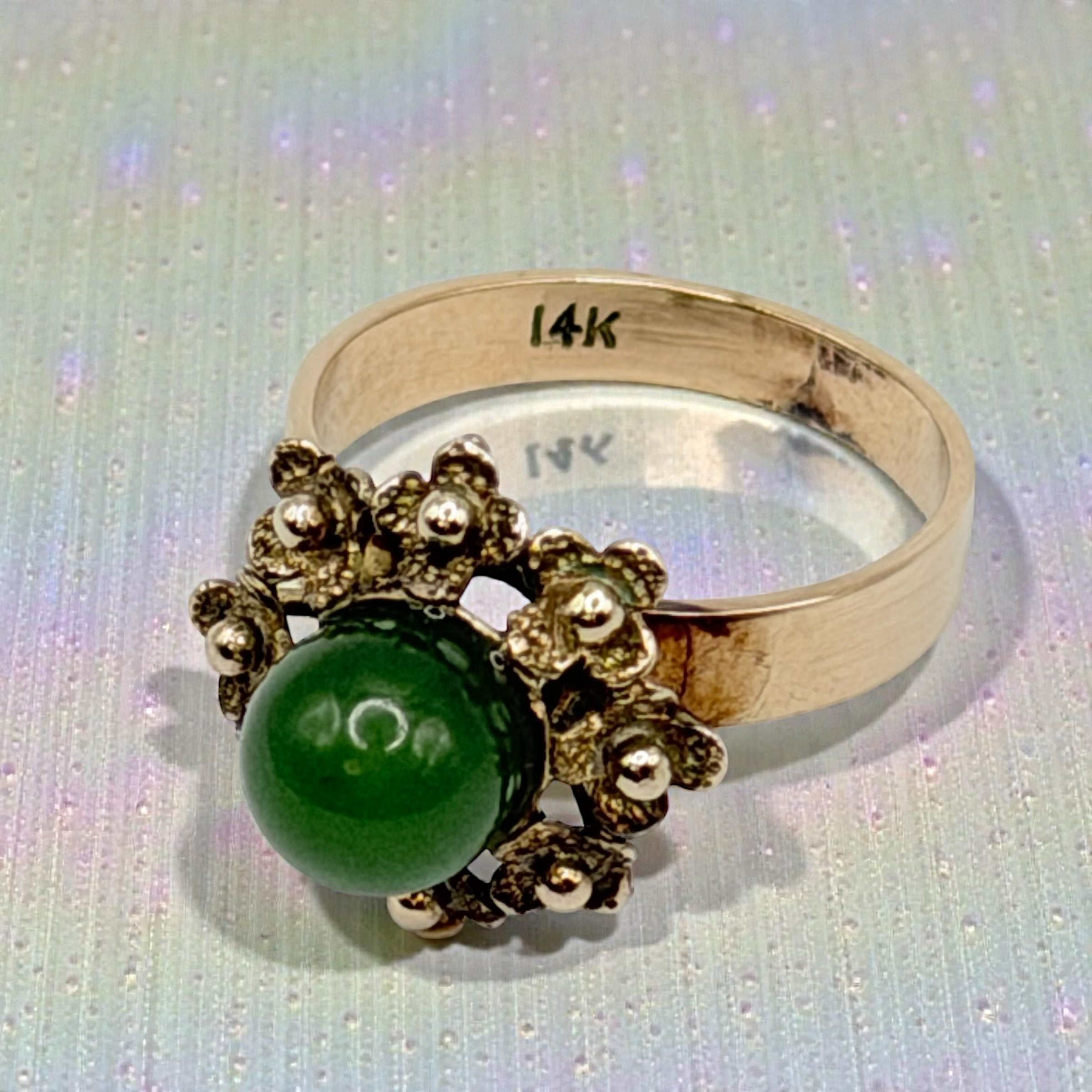 Solid 14K Yellow Gold Floral Cluster Ring with Green Jade Cabochon – Size 6