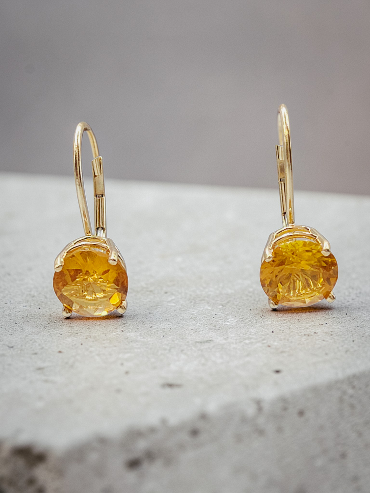Solid 14K Yellow Gold Round Cut Citrine Leverback Drop Earrings