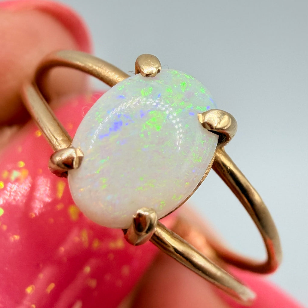 Solid 14K Yellow Gold Split Shank Solitaire Ring with Oval Opal Cabochon Showing Green and Blue Play of Color Size 5