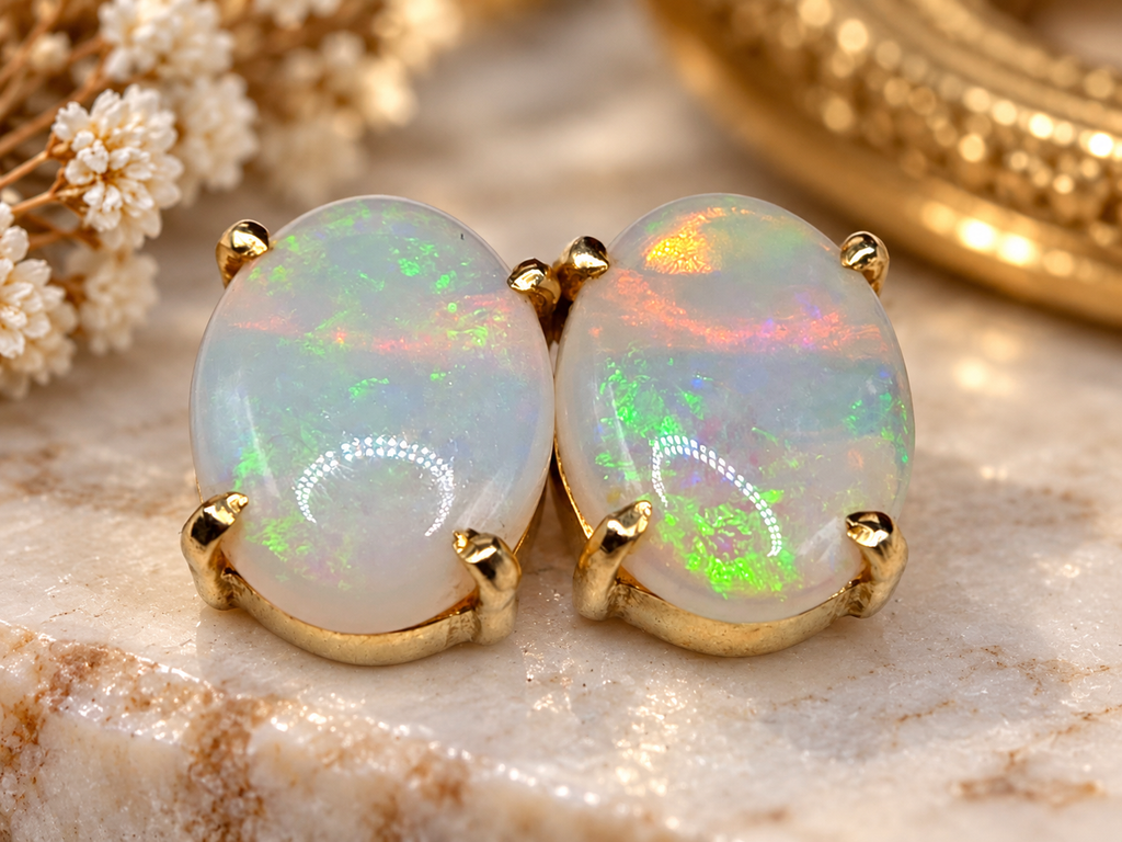 Solid 14K Yellow Gold Stud Earrings with Oval Opal Cabochons Showing Green Orange and Blue Play of Color