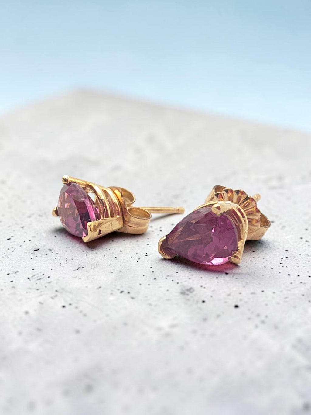 Solid 14K Yellow Gold Stud Earrings with Pear Cut Natural Raspberry Rhodolite Garnets in Three Prong Settings
