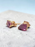 Solid 14K Yellow Gold Stud Earrings with Pear Cut Natural Raspberry Rhodolite Garnets in Three Prong Settings