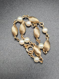 Solid 14K yellow gold A&Z bracelet with pearls and fluted oval gold beads, 7 inches