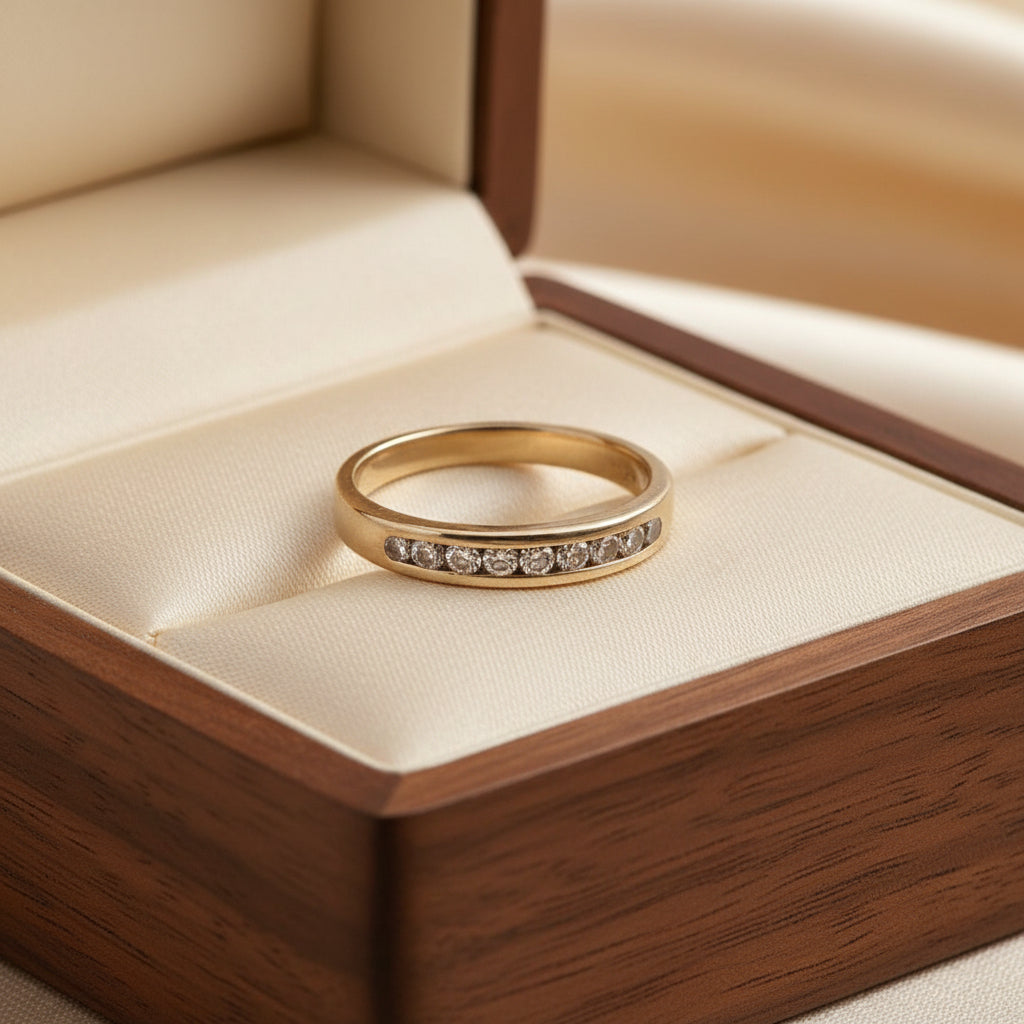 Solid 14K yellow gold channel set diamond band ring size 9 with nine round brilliant diamonds