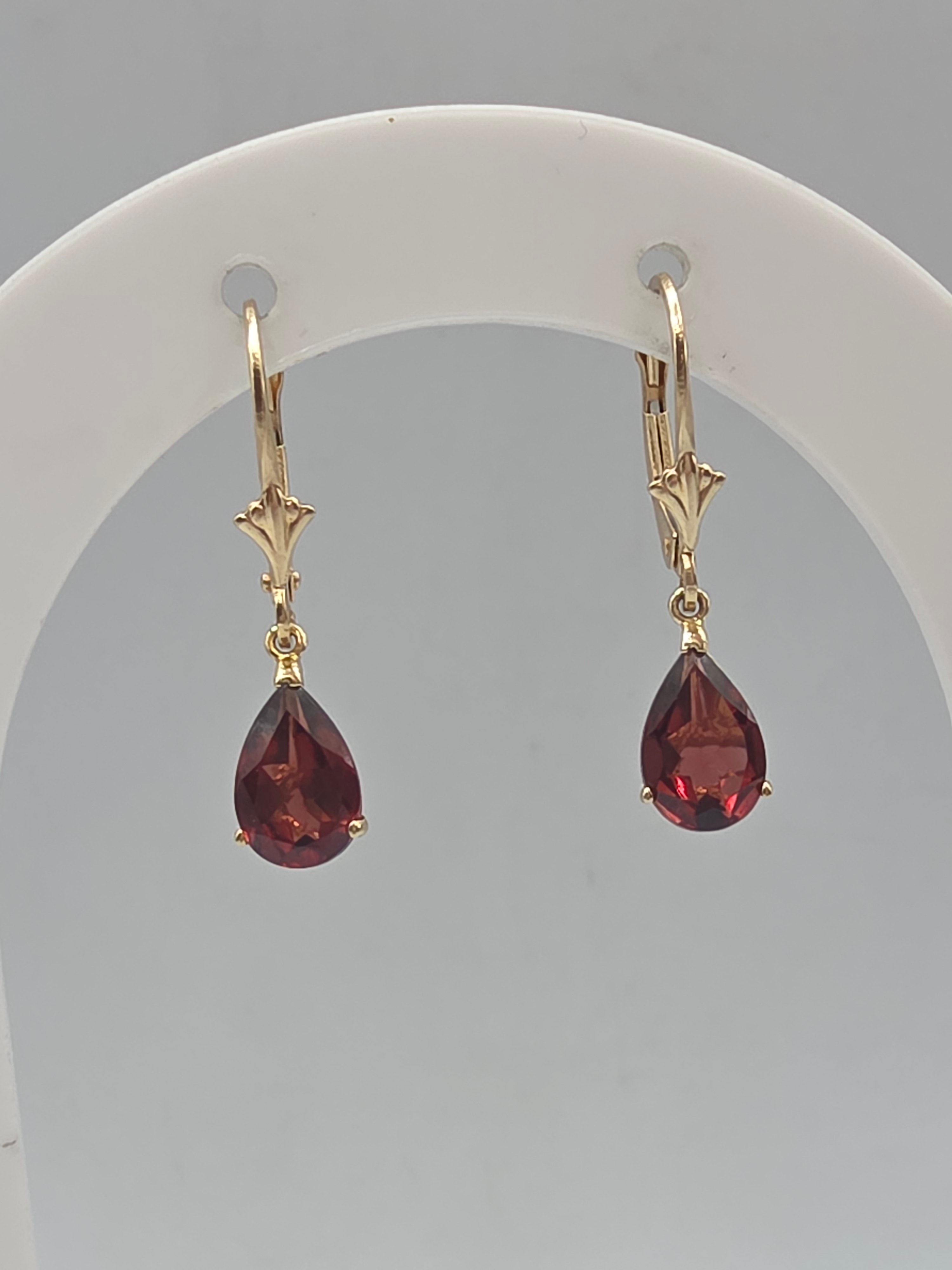 Solid 14K yellow gold pear cut garnet drop dangle leverback earrings with floral gallery